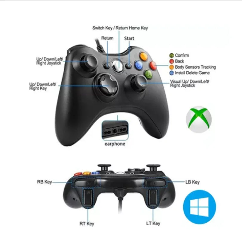 Controle Com Fio 2 em 1 Para Xbox 360 e Pc