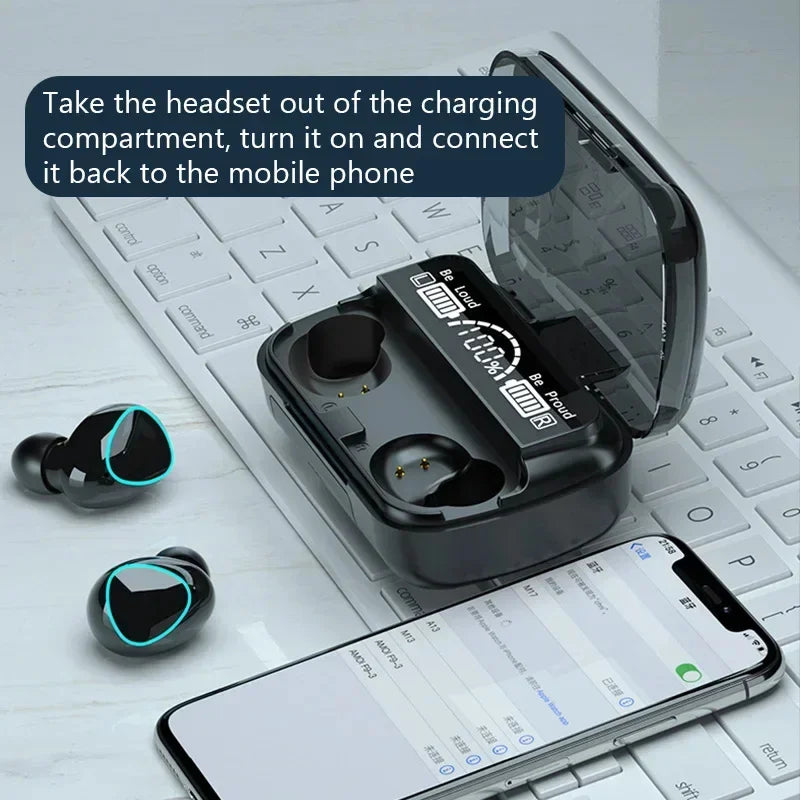 Fones de ouvido Bluetooth com microfone sem fio, com caixa carregadora com visor em LED