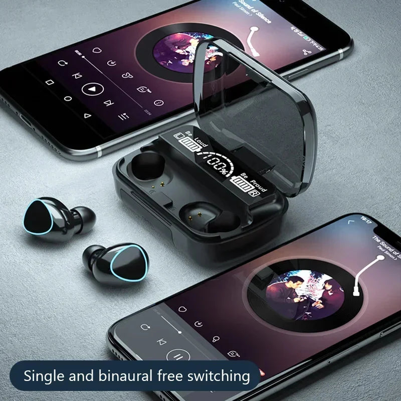 Fones de ouvido Bluetooth com microfone sem fio, com caixa carregadora com visor em LED