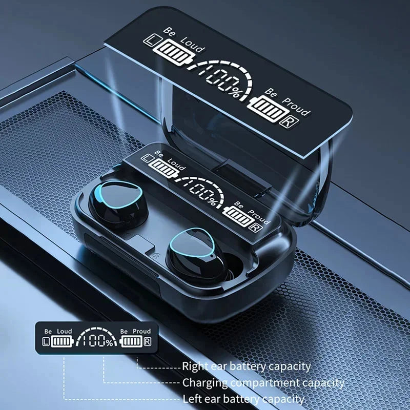 Fones de ouvido Bluetooth com microfone sem fio, com caixa carregadora com visor em LED